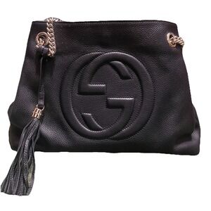 GUCCI SoHo Tote Shoulder Bag Black Leather Logo Chain Luxury Preppy